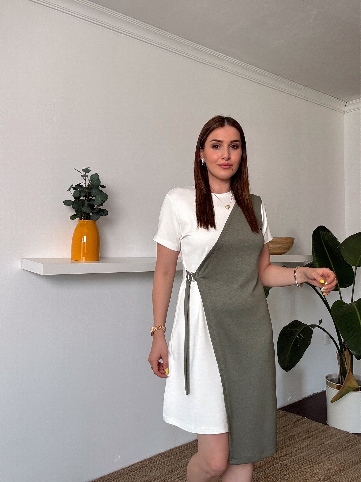 Önü tokalı modal çift renk elbise HAKİ