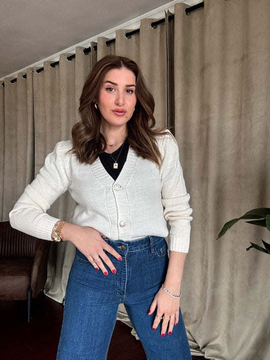 Gümüş Düğme Detaylı Triko Hırka-LATTE