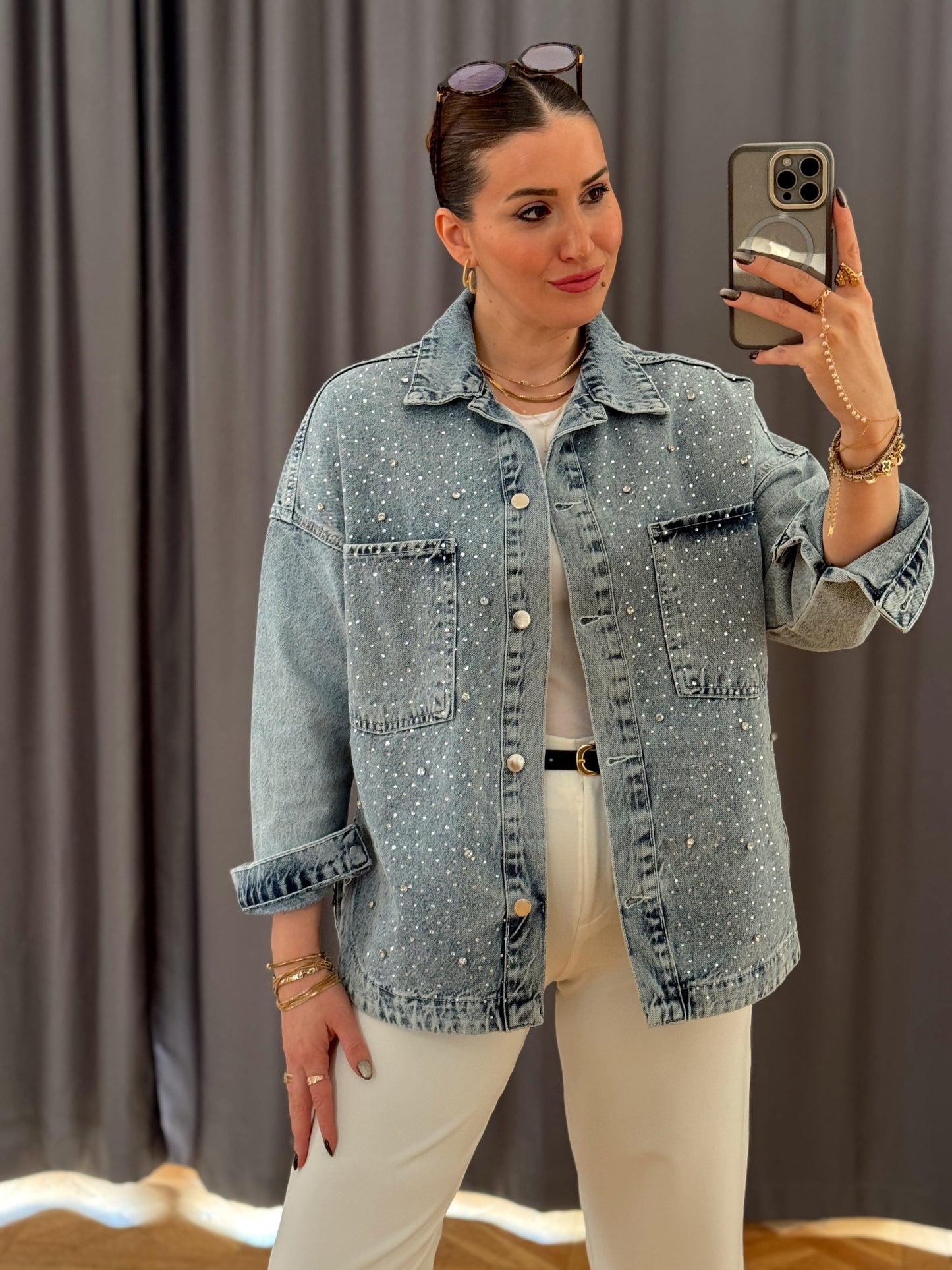 STAREX dağınık taş detaylı kot ceket BUZ MAVİ