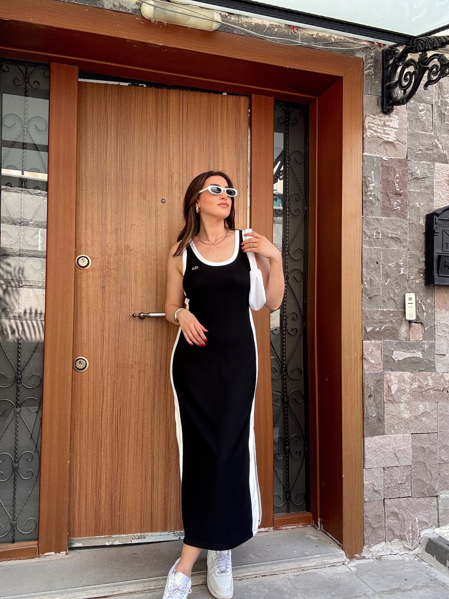 Delone fitilli kumaş askılı elbise SİYAH