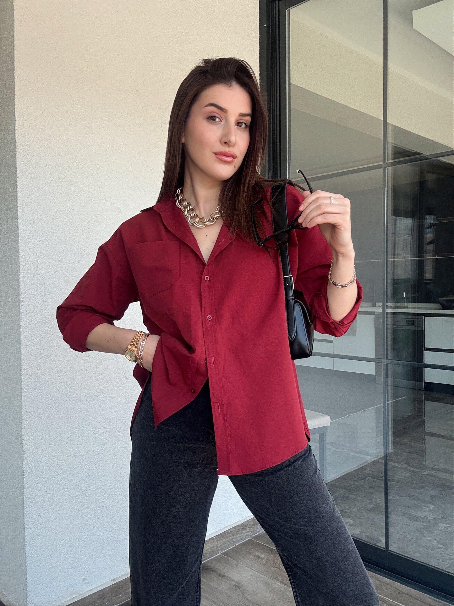 Tek Cepli Gömlek - BORDO