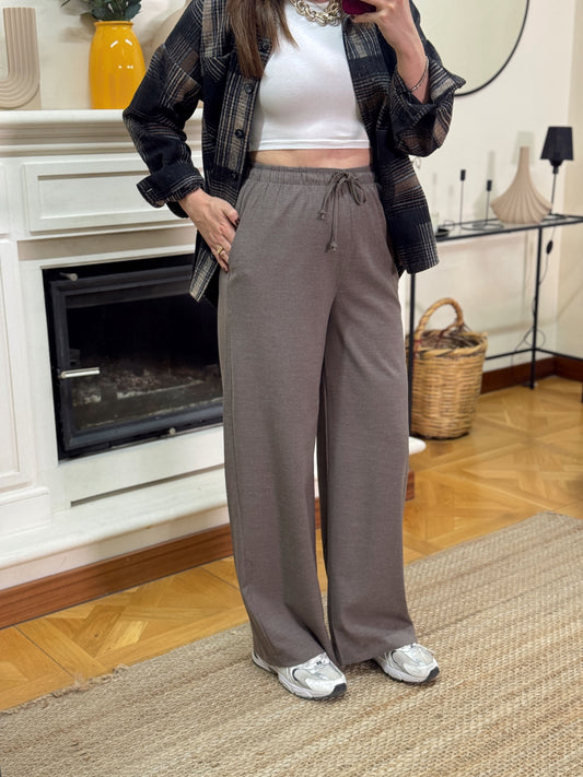 Bağcıklı palazzo pantolon-VİZON