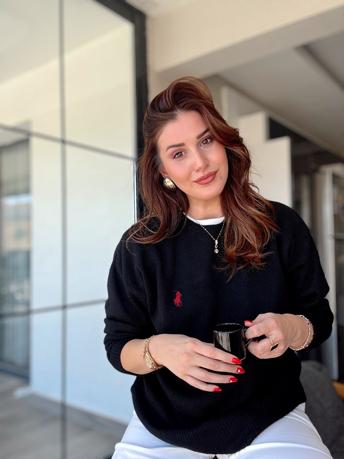 Nakışlı Oversize Triko Kazak Siyah