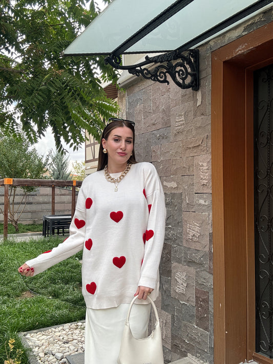 Kalp İşleme Triko Kazak - BEJ