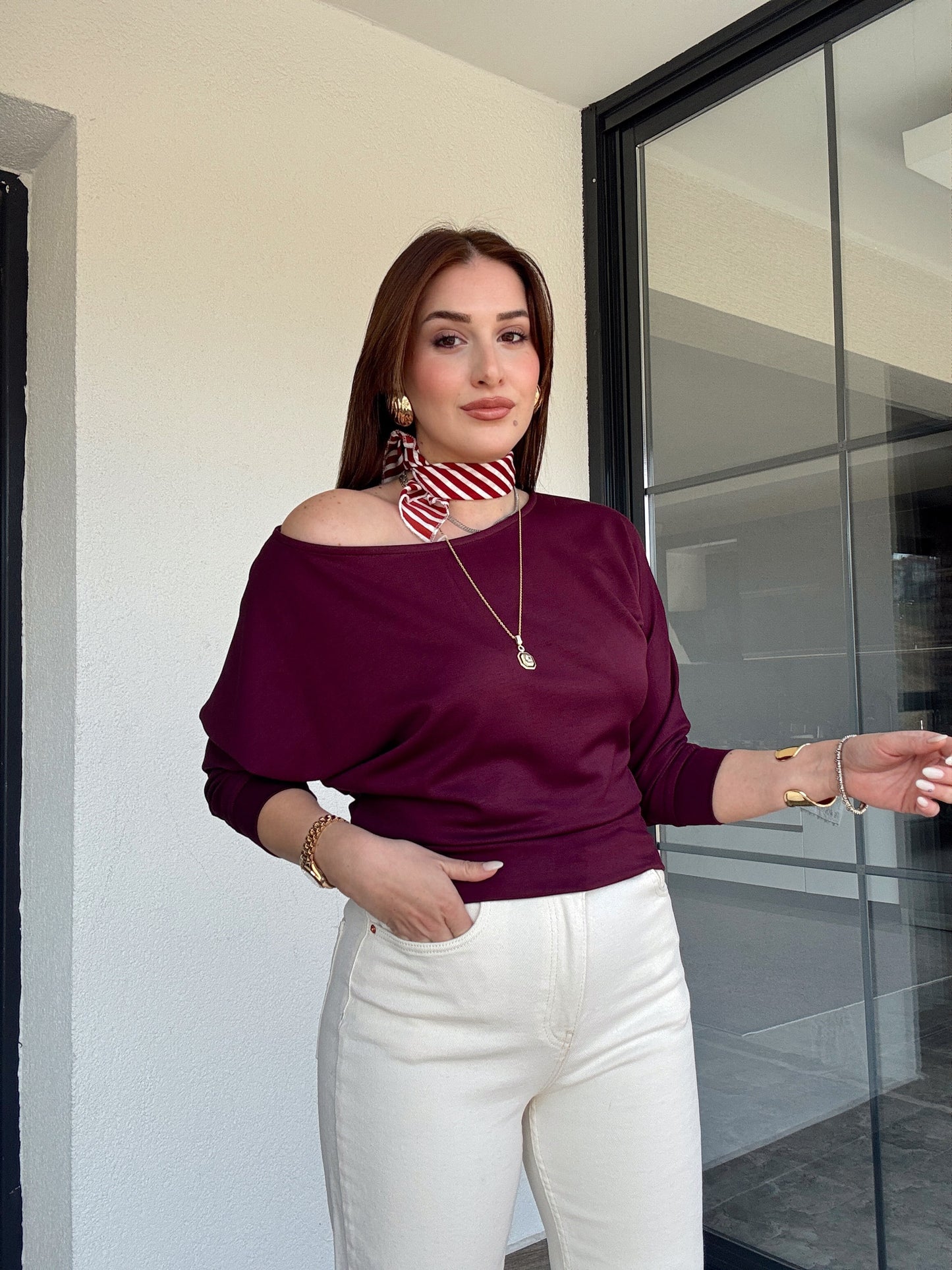 Kayık yaka modal bluz Bordo