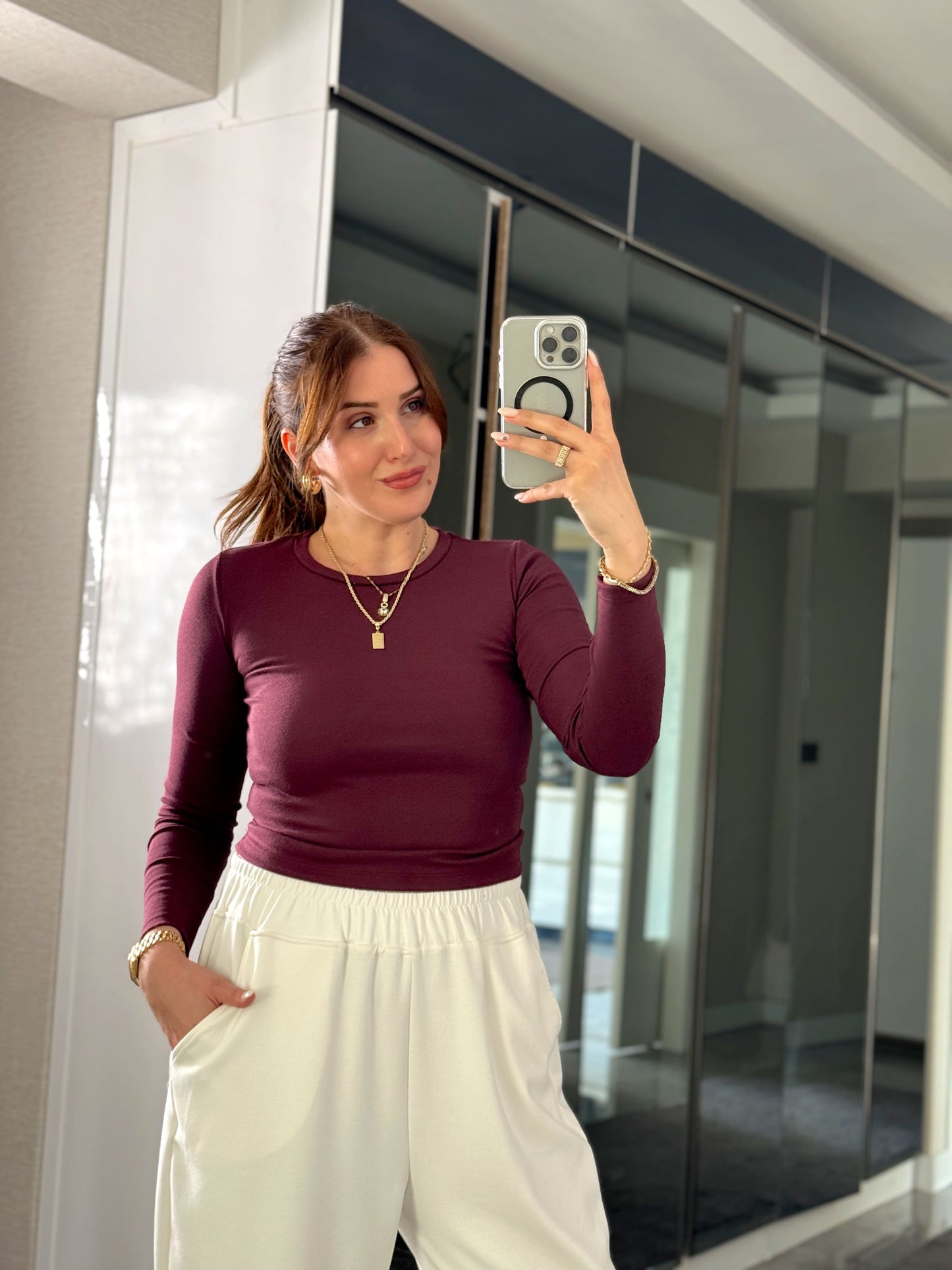 Bisiklet yaka parmak geçmeli bluz Mürdüm