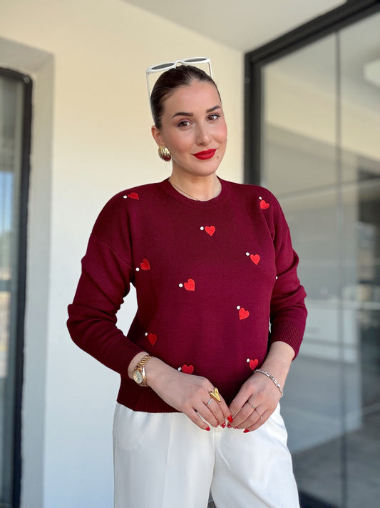 Nakışlı kalpli taş detaylı kazak MÜRDÜM