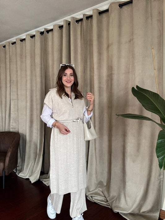 Süveterli Fitilli Triko Takım - LATTE