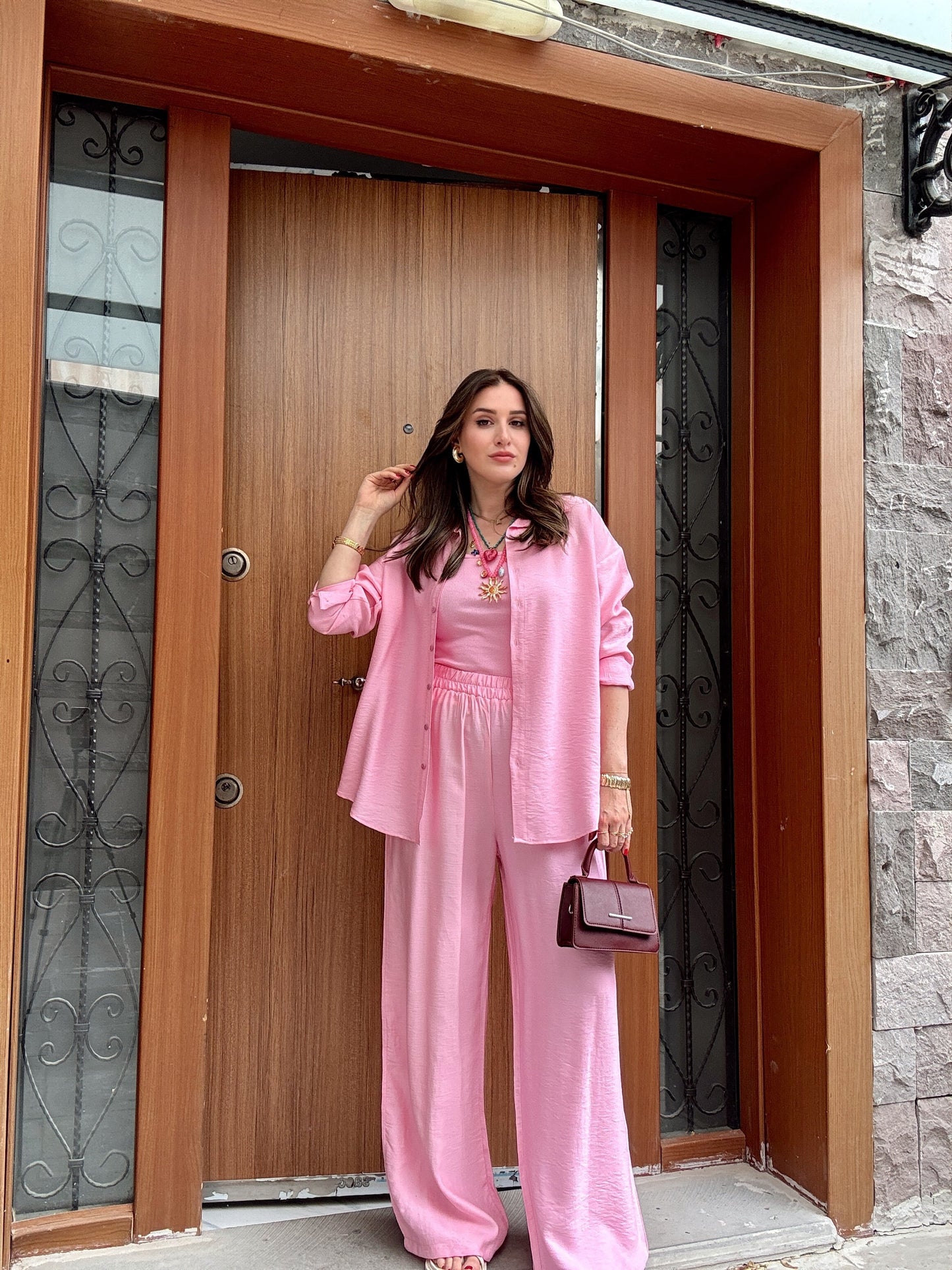 3 Parça Keten Takım Pembe