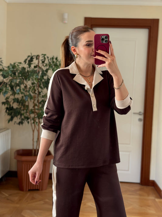 Denizci yaka modal takım KAHVERENGİ