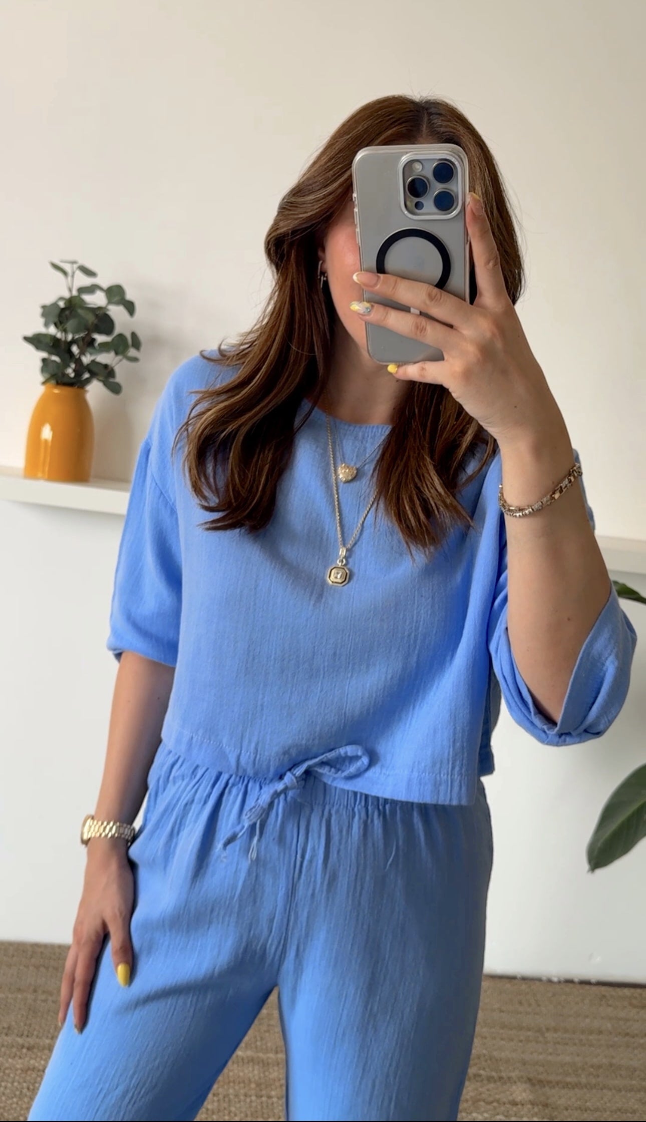 Keten uzun kol crop pantolon ikili takım MAVİ