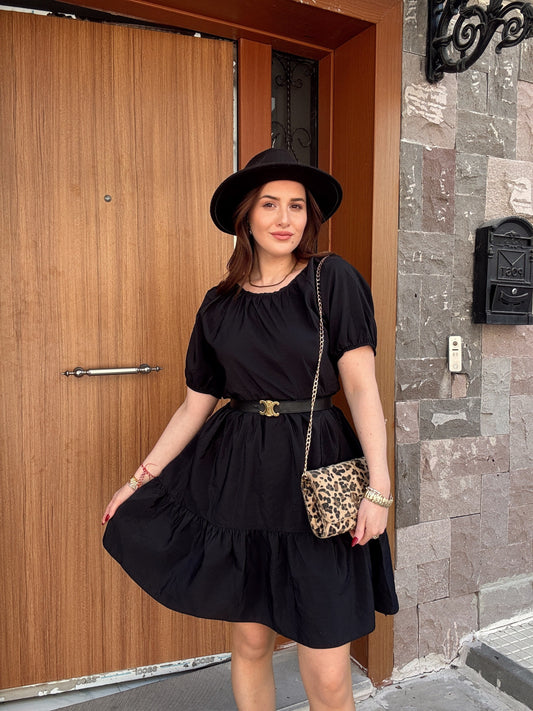 Balon kol volanlı elbise SİYAH