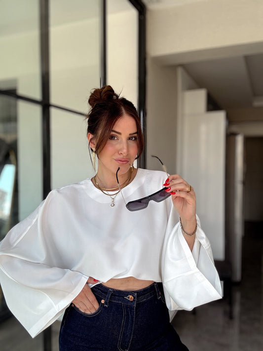 Yarasa kol saten bluz Beyaz