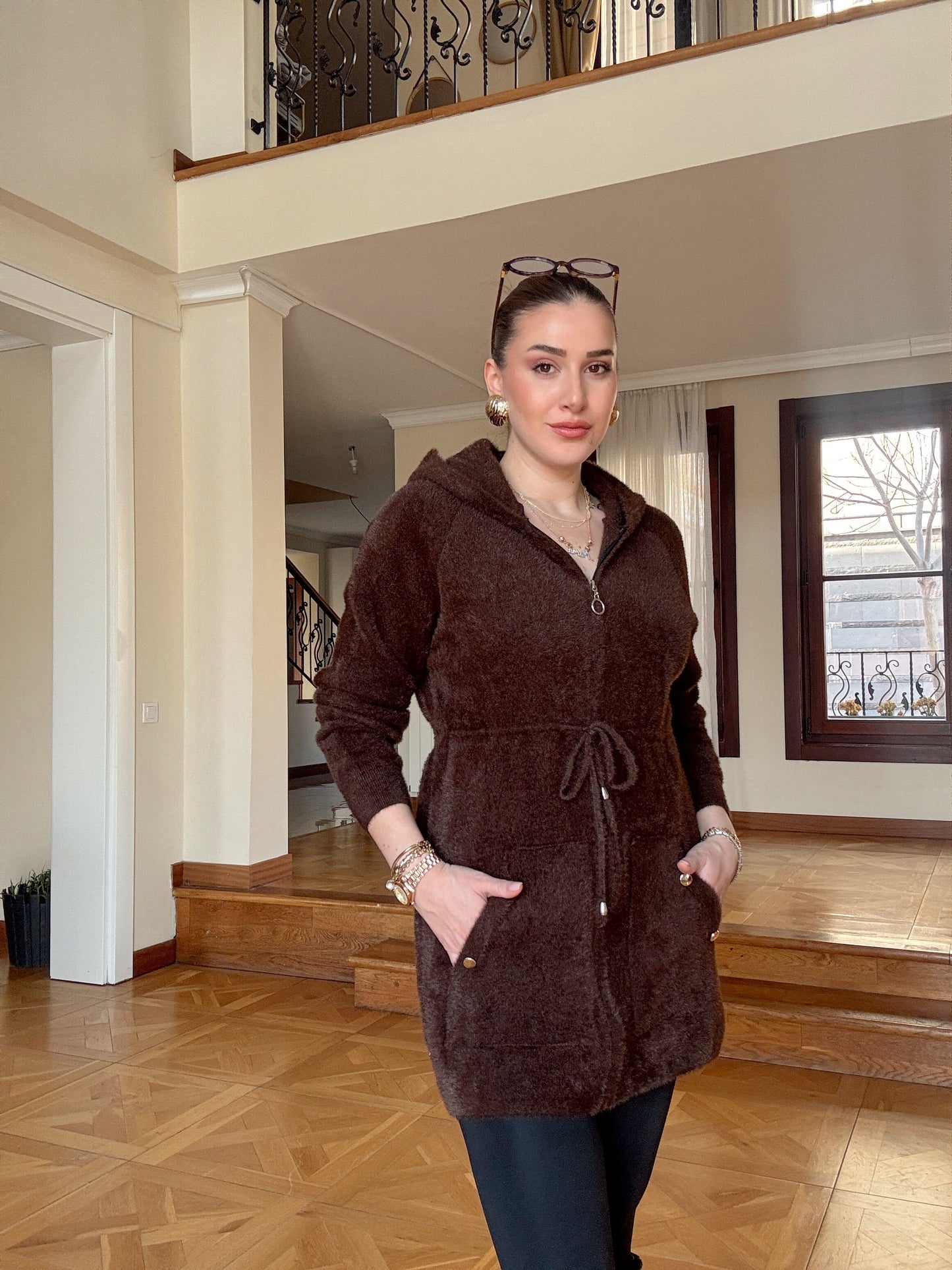 Fermuarlı kapüşonlu sakal kumaş hırka-KAHVERENGİ