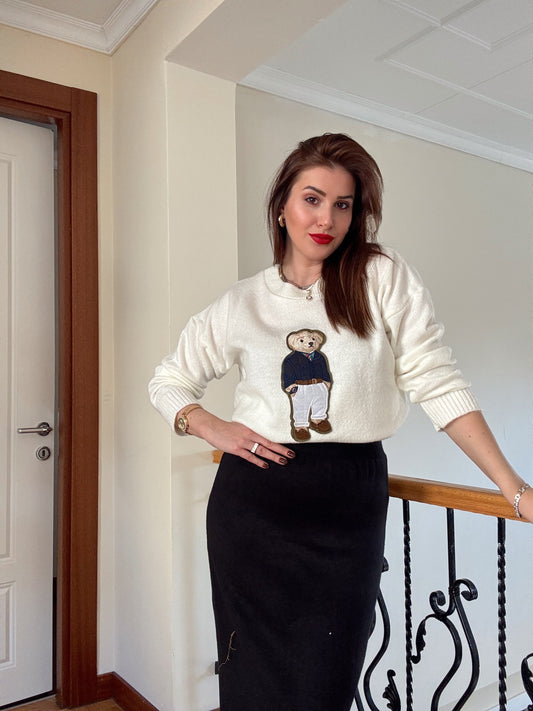 Ayıcık İşleme Yumoş Triko Kazak - EKRU-LACİVERT