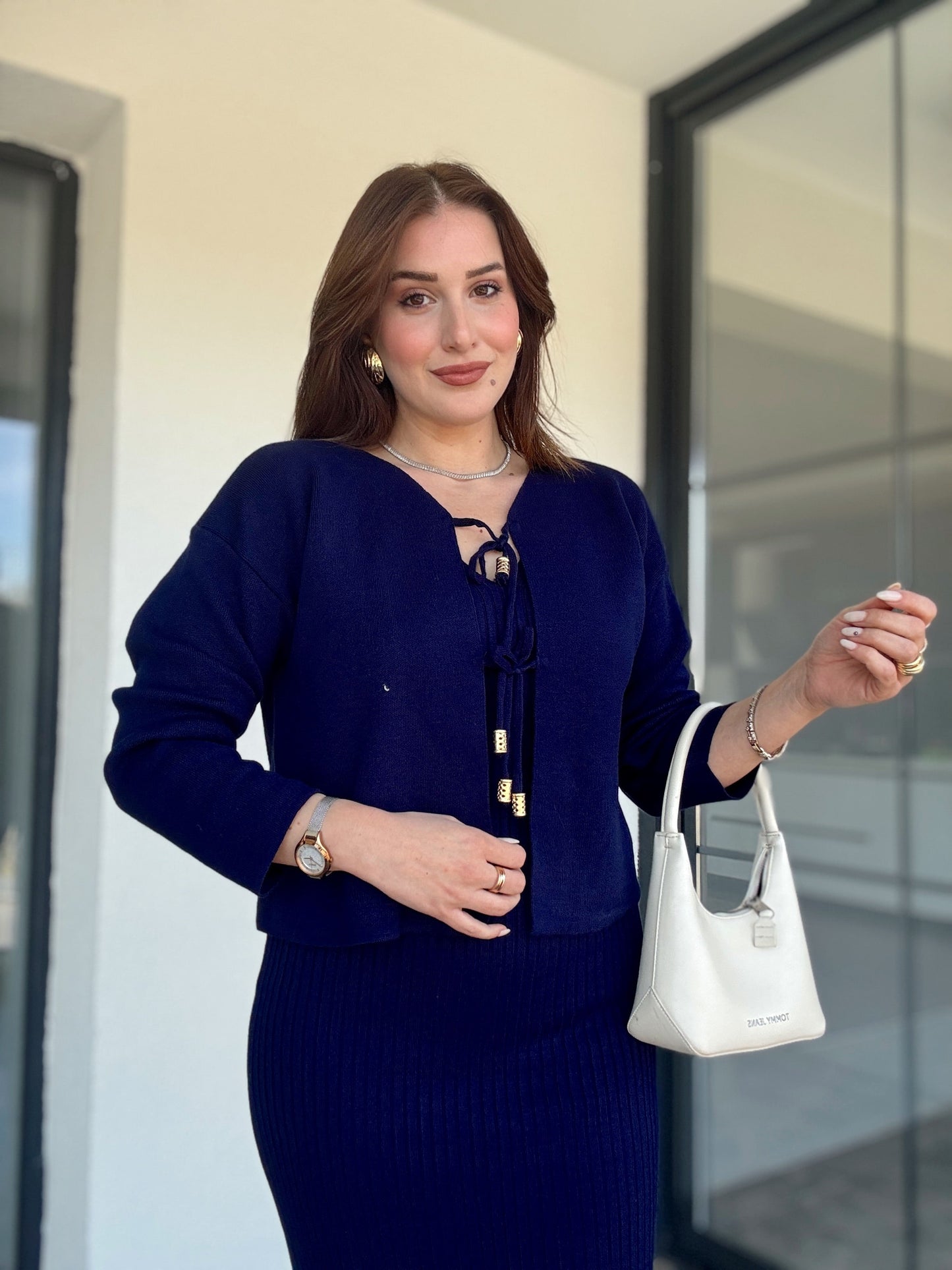 Önü Bağlama Jileli Triko Takım Lacivert