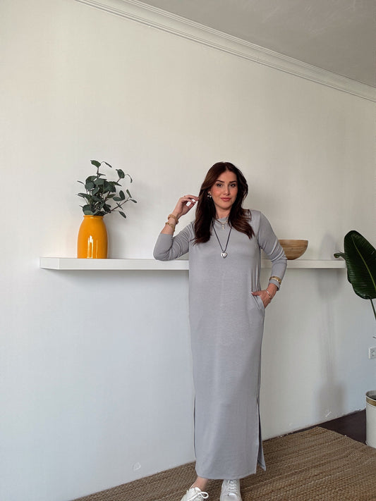 Uzun Kol Modal Elbise Gri