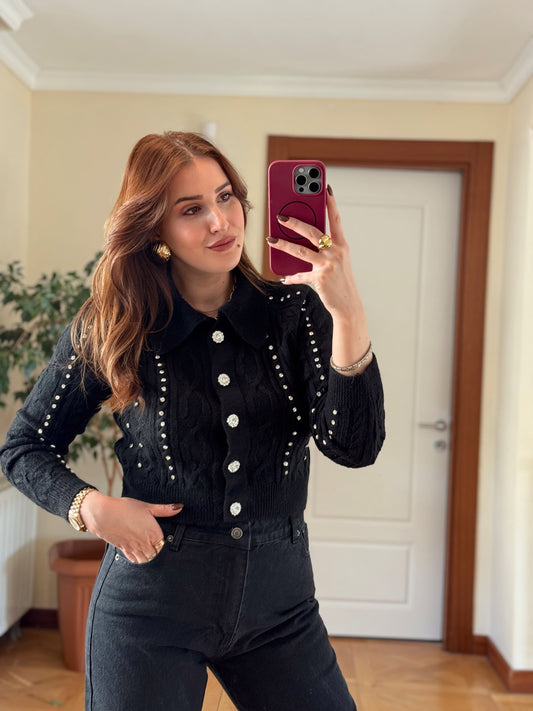 Örgü taşlı ceket-SİYAH