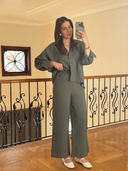 Gömlekli Çizgili Tensel Takım-HAKİ