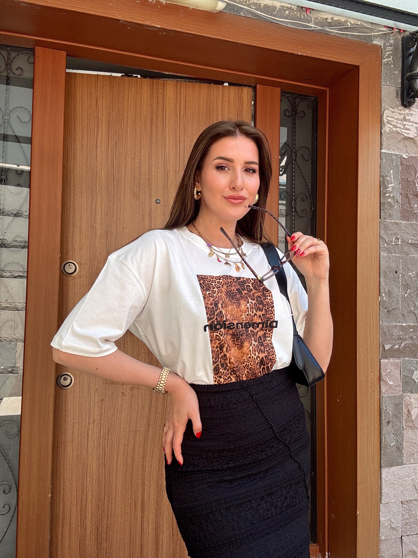 Leopar baskı detaylı oversize tişört BEYAZ