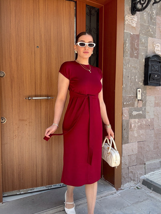 Belden Kemerli Yarım Kol Modal Elbise Bordo
