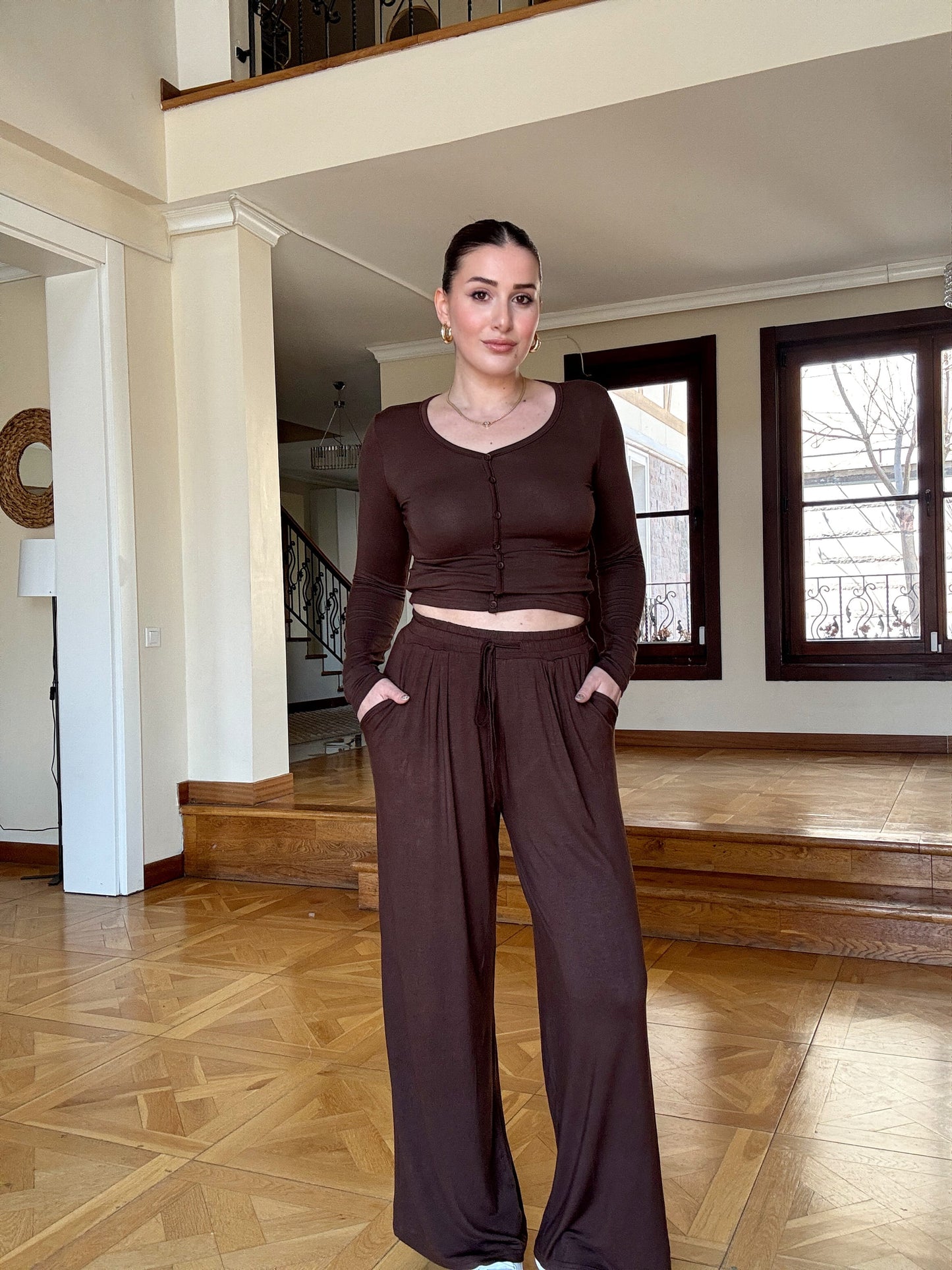 Düğmeli modal ikili takım KAHVERENGİ