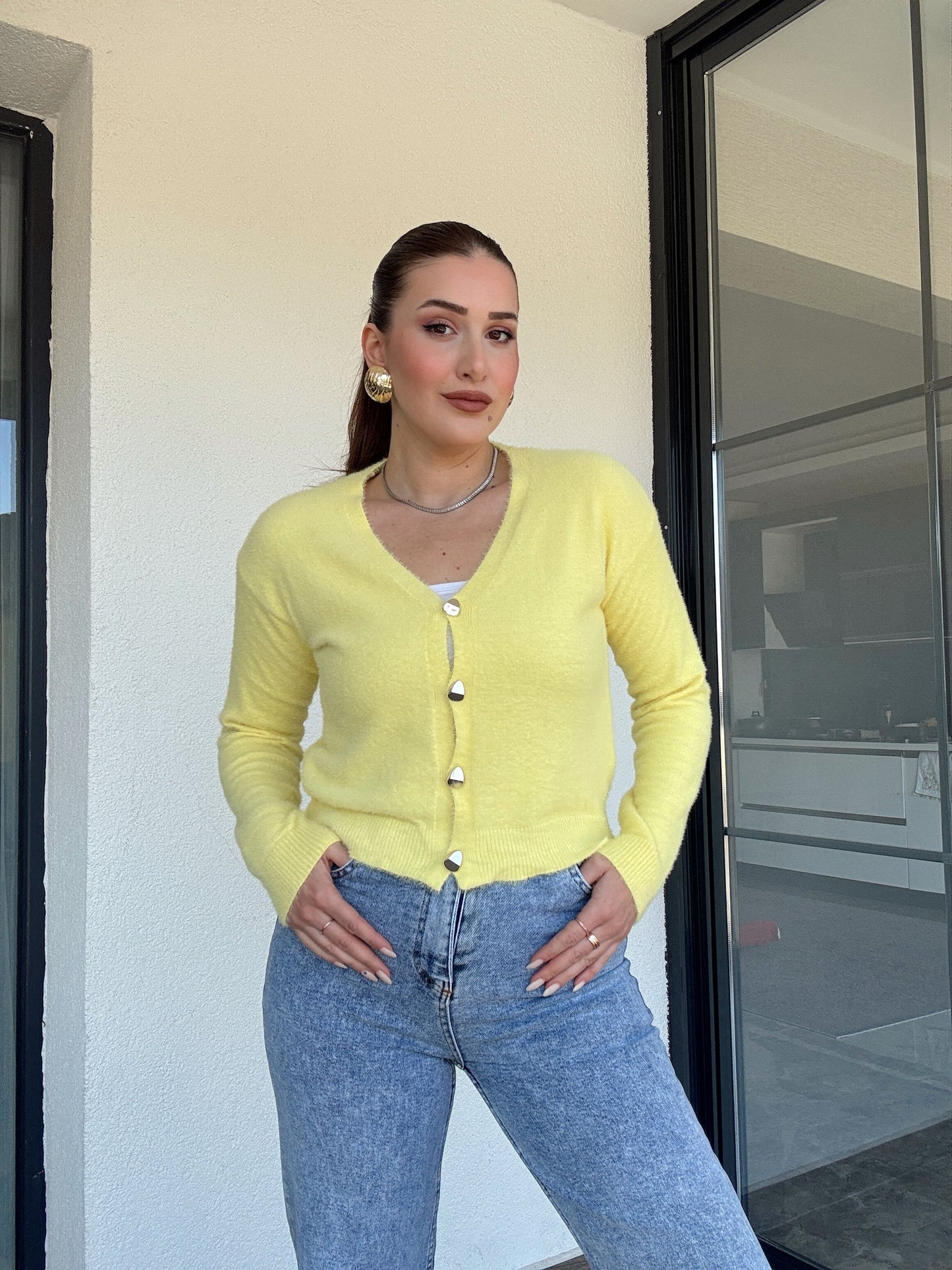 V Yaka yumoş ceket-SARI