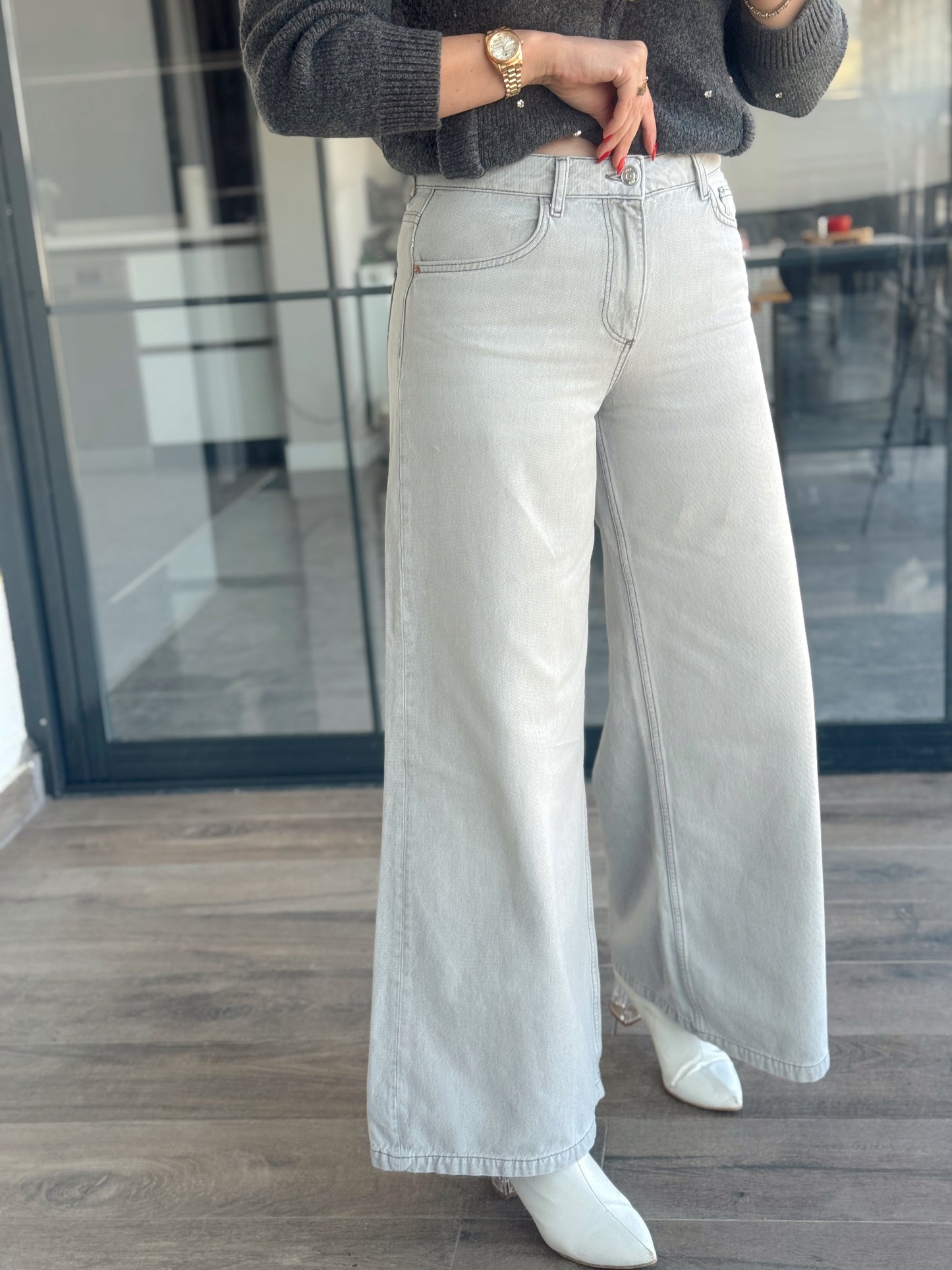 Zr model ekstra bol paça yıkamalı jean gri