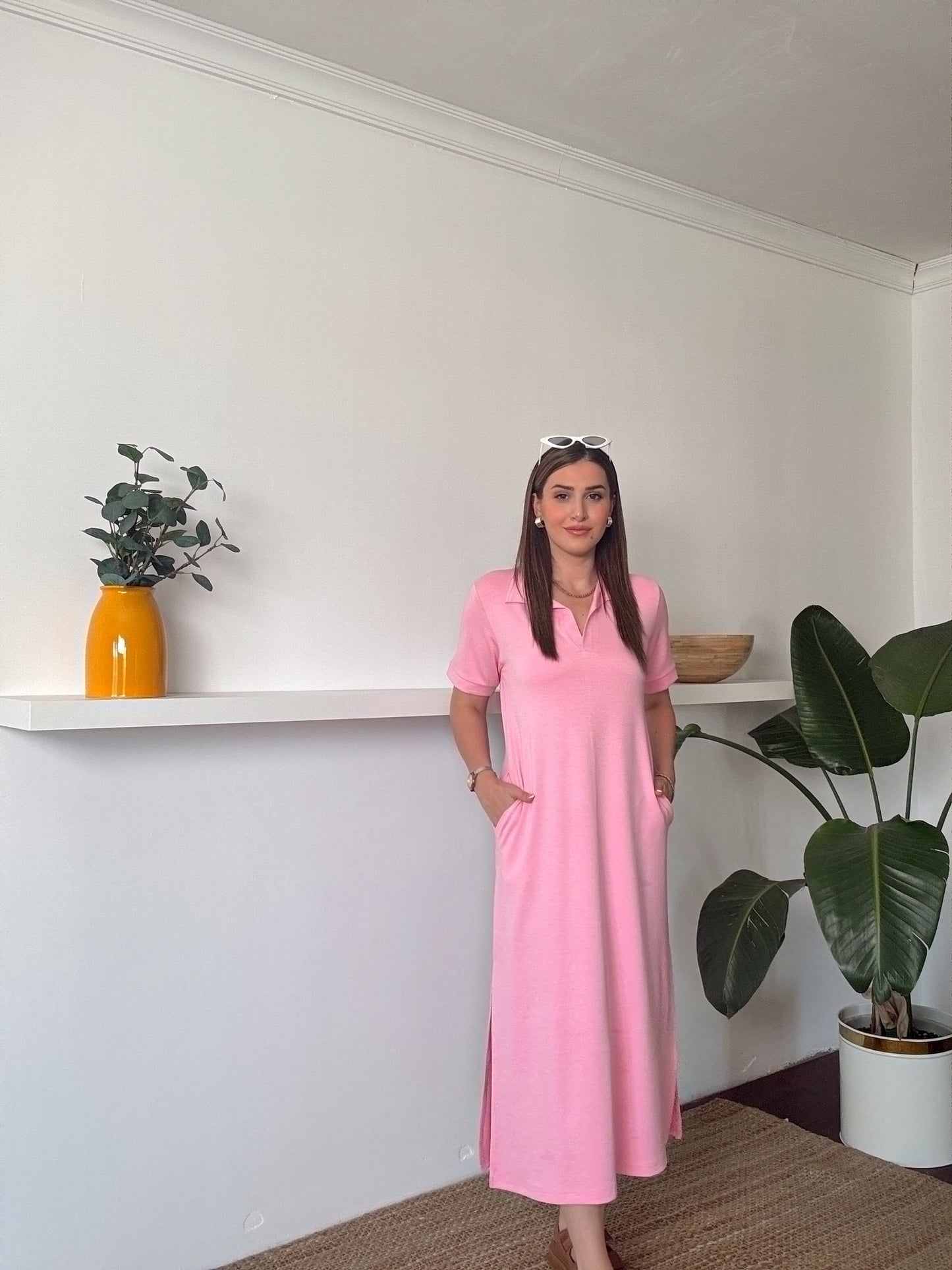 Polo yaka Modal Kumaş Elbise Pembe