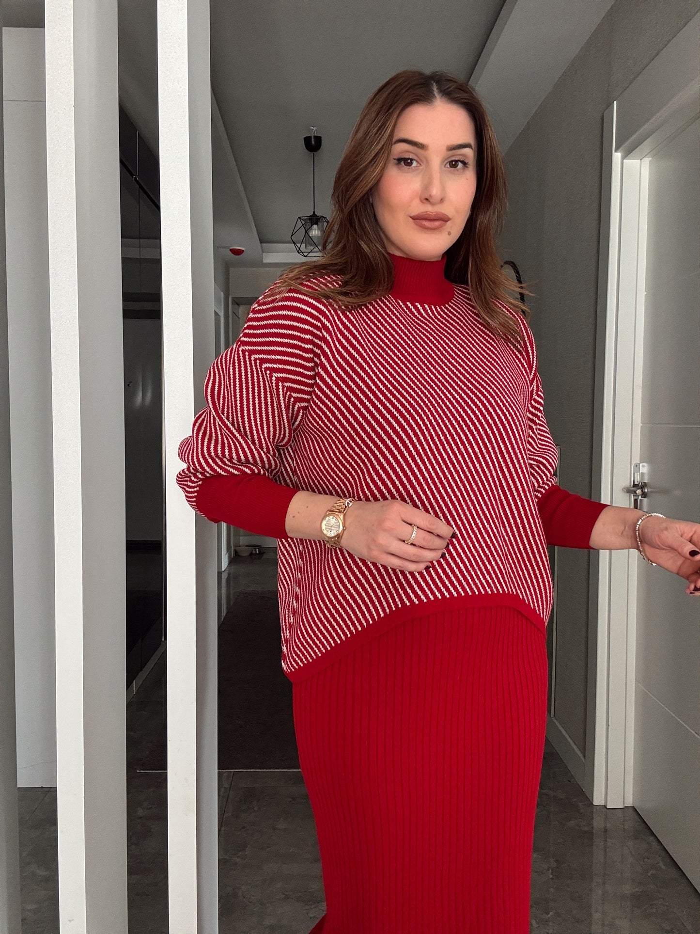 Yatay Çizgili Pikeli Jileli Takım - KIRMIZI