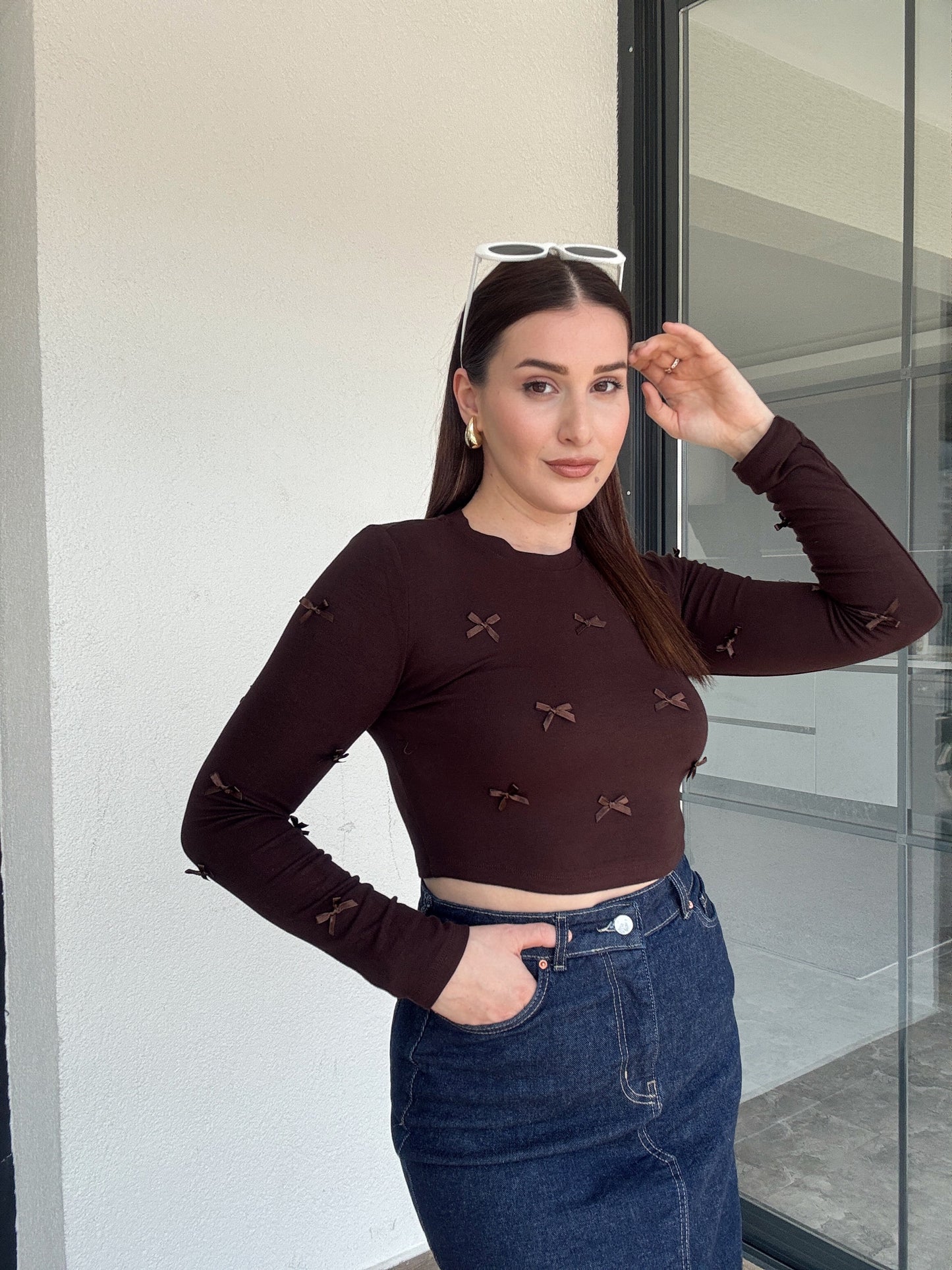 Fiyonklu Crop Bluz KAHVE