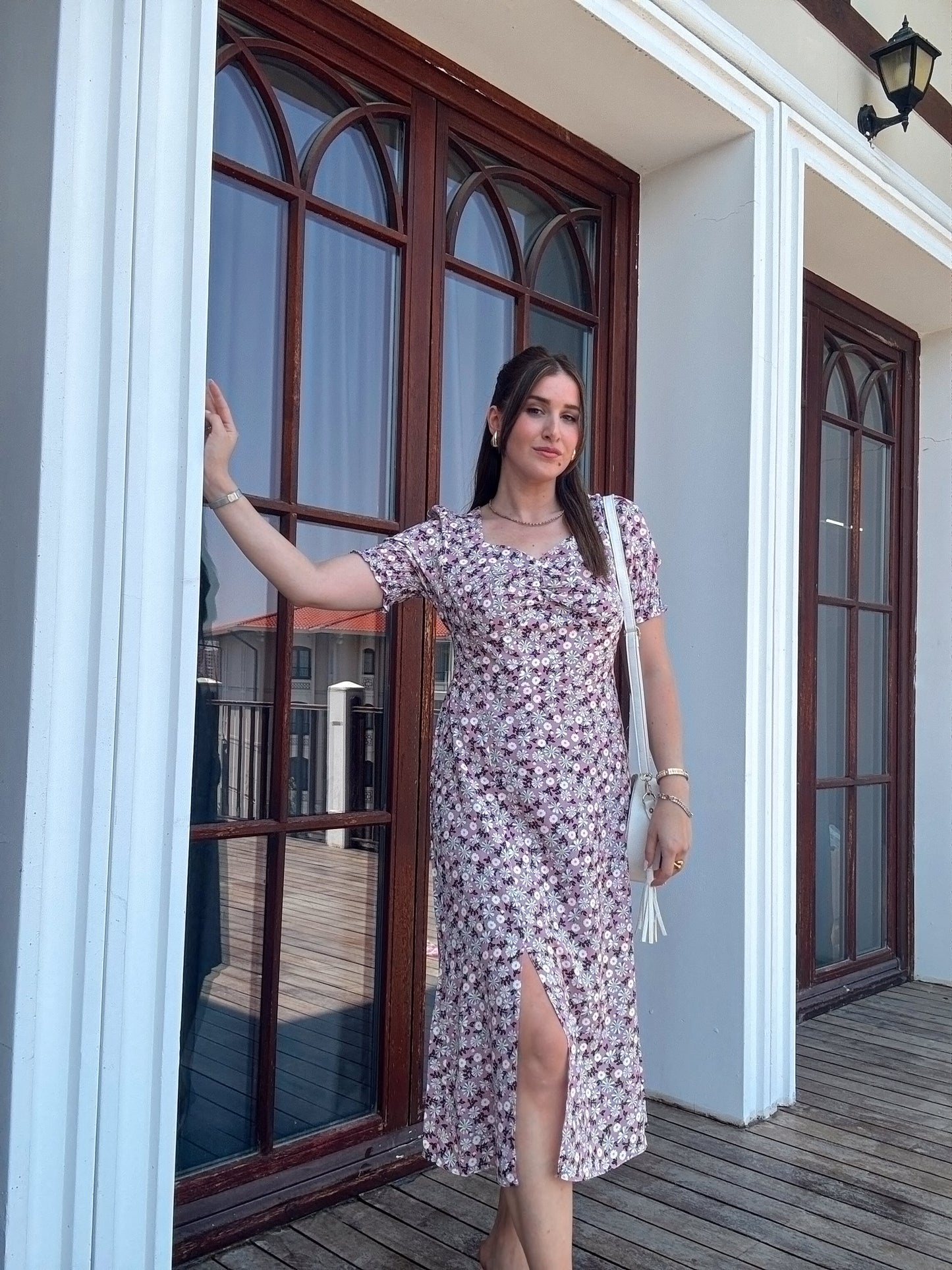 Papatya desen kalp yaka elbise LİLA
