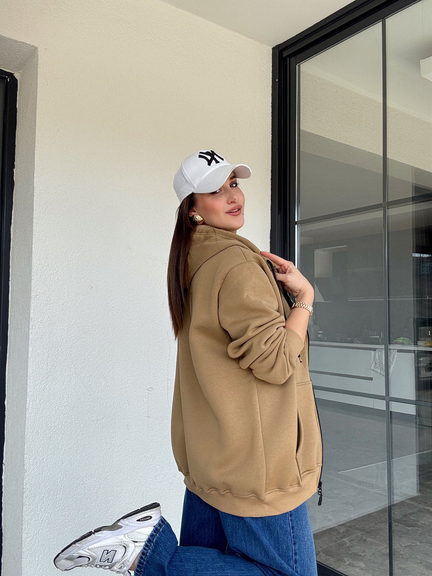 Şardonlu kapüşonlu sweatshİrt-CAMEL
