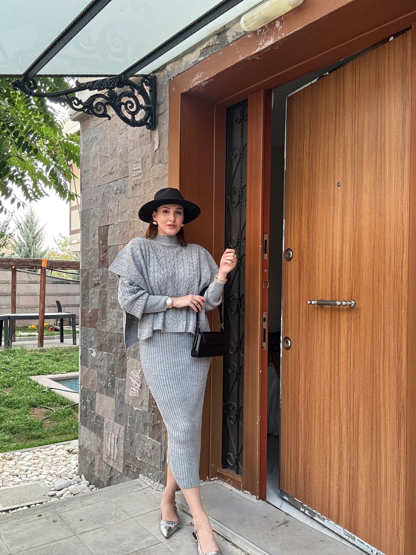 Fitilli Elbiseli Pançolu İkili Triko Takım - GRİ