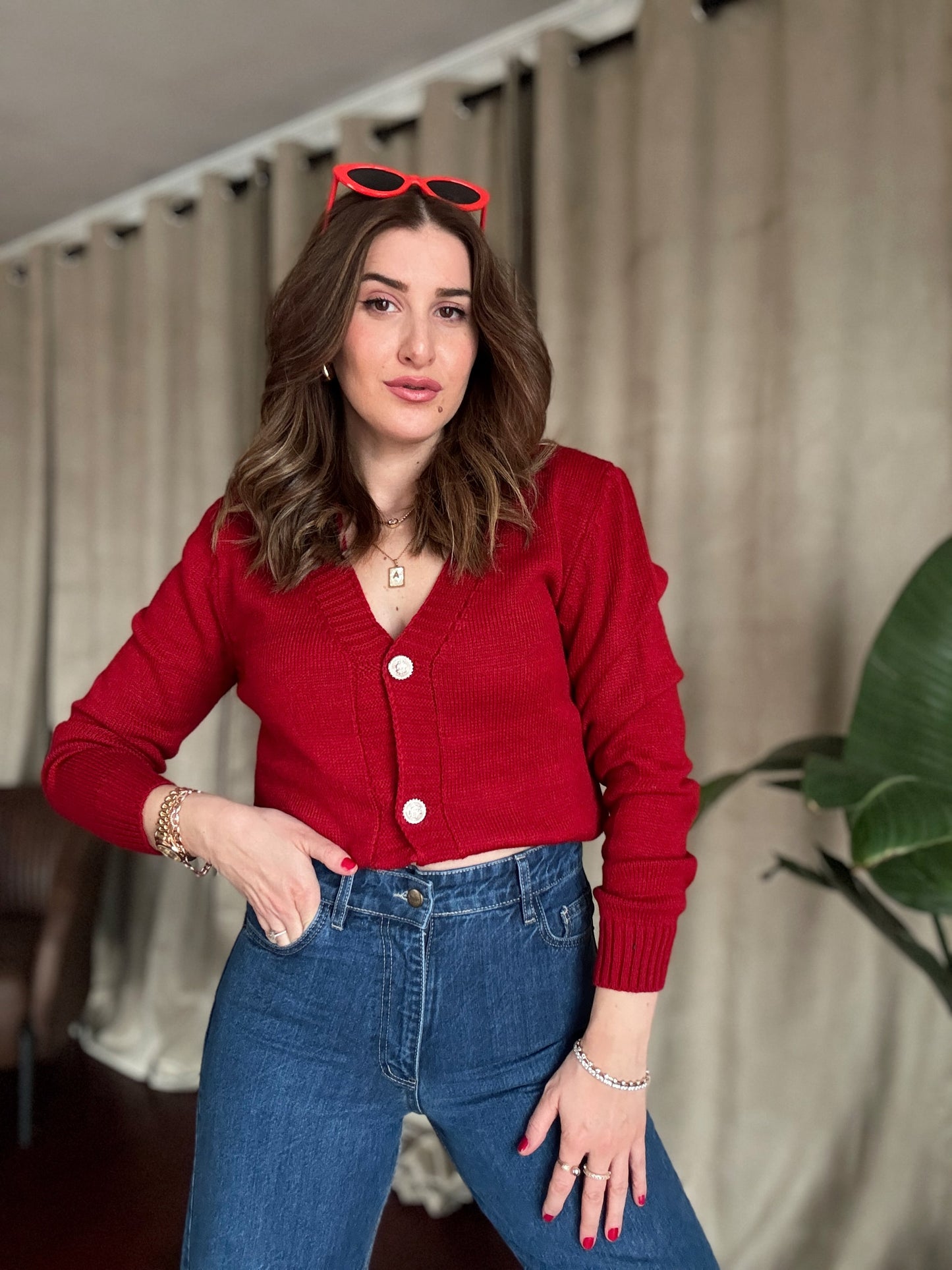 Gümüş Düğme Detaylı Triko Hırka-KIRMIZI