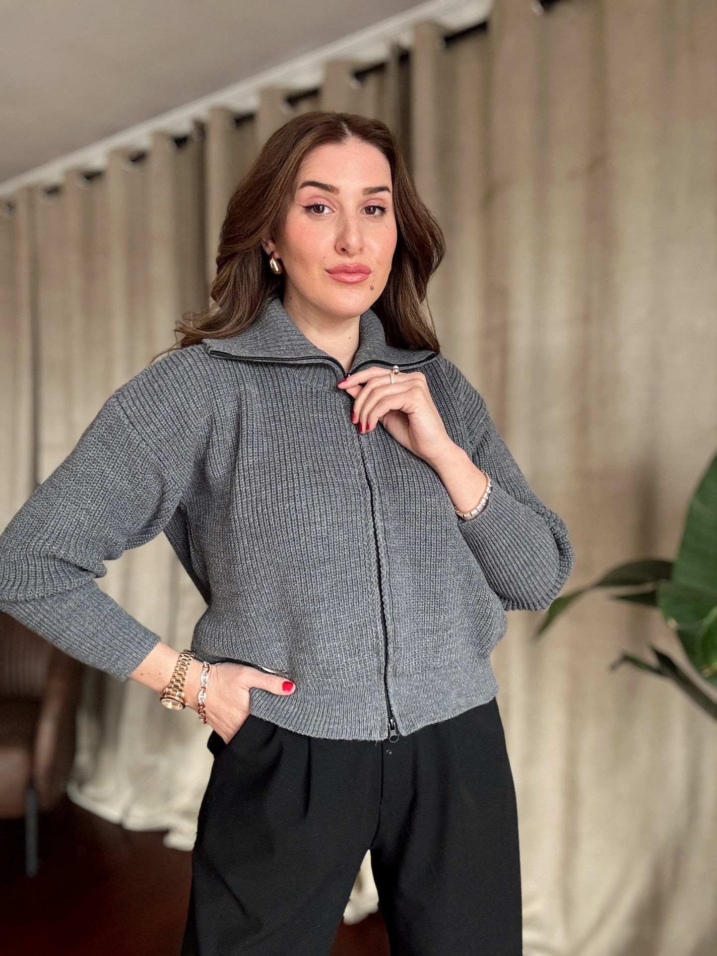 Fermuarlı Örgü Ceket - FÜME