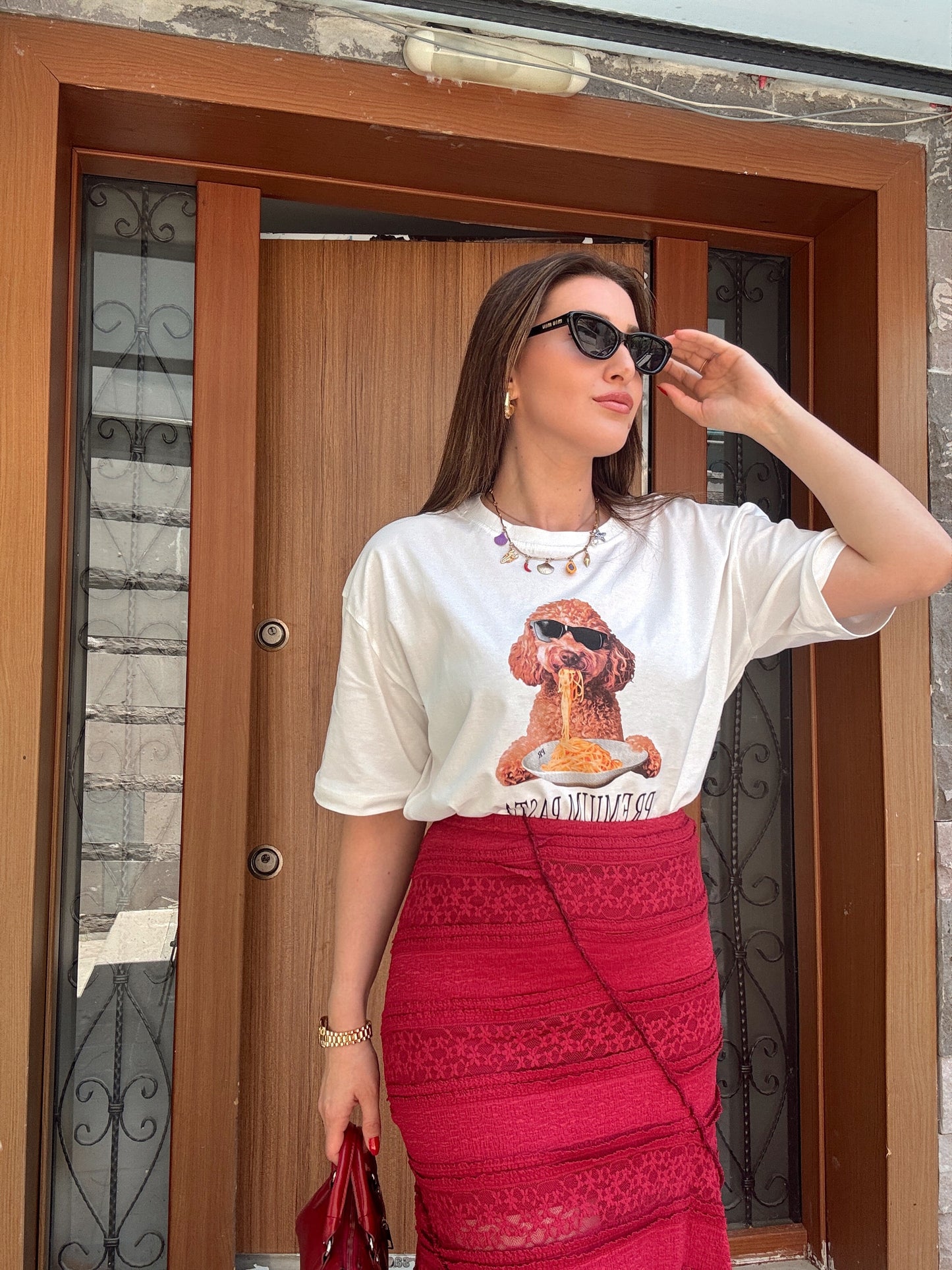 Dog baskı detaylı oversize tişört BEYAZ