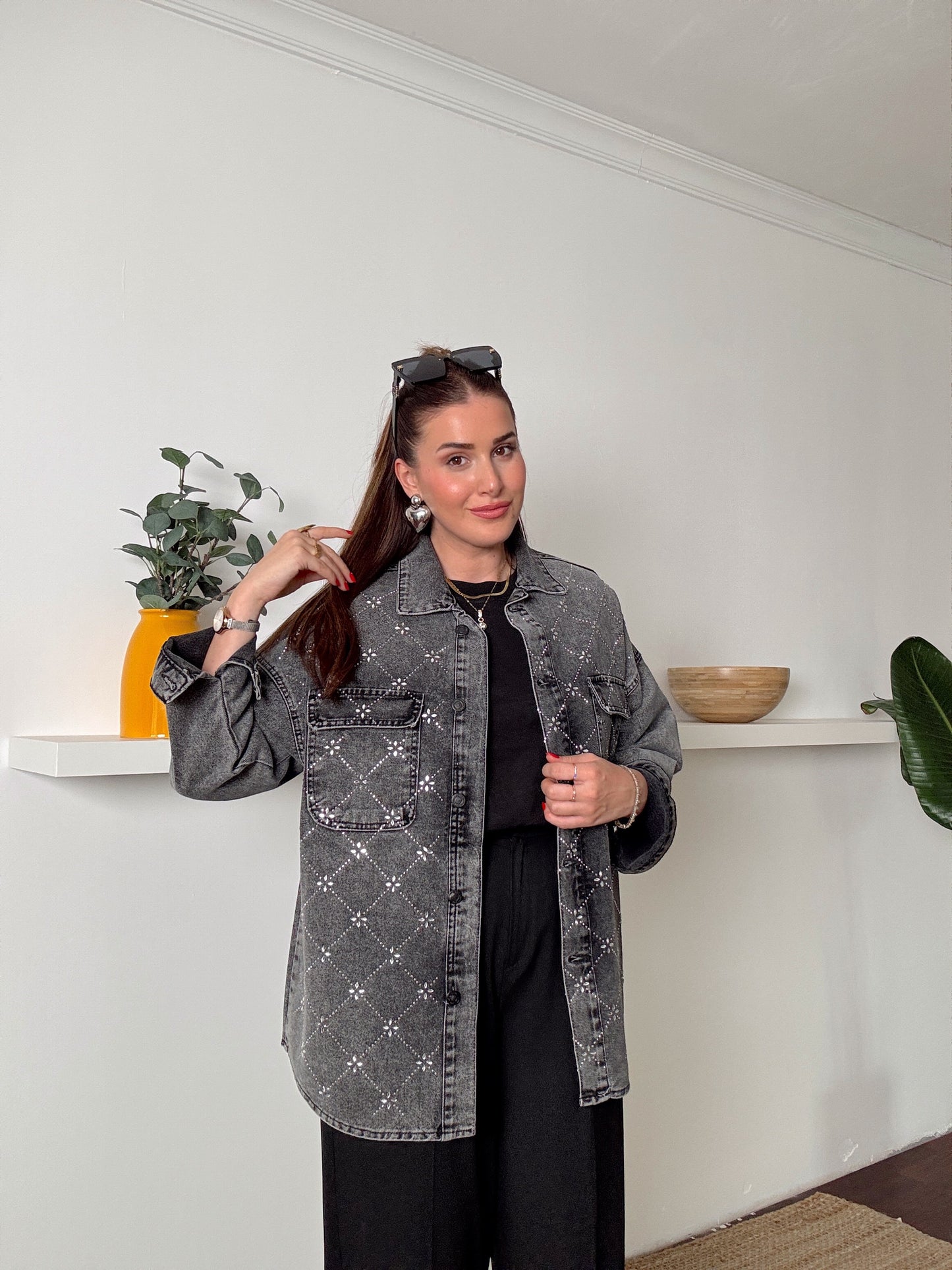 Damla Taşlı Jean Ceket Füme