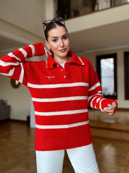 Polo Yaka Çizgili Yumoş Kazak-KIRMIZI