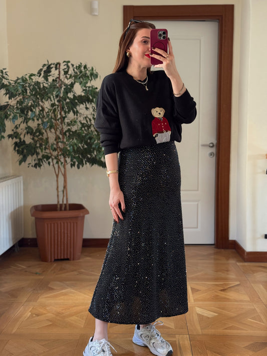 Oversize Ayıcık İşlemeli Kazak SİYAH