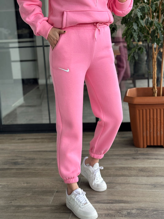 NK İşleme Paça Lastikli 3 İplik Şardonlu Eşofman Alt - TOZ PEMBE