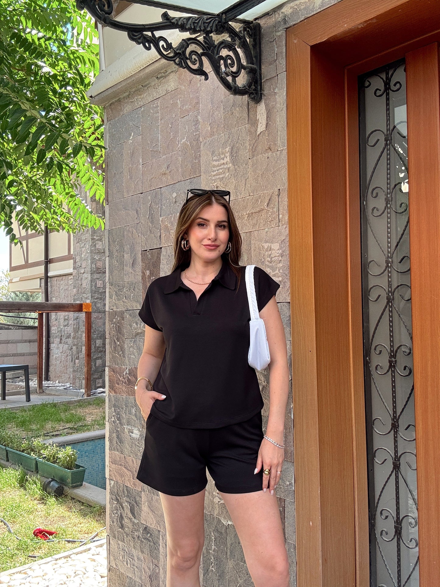 Polo yaka Modal Kumaş Şortlu Takım Siyah