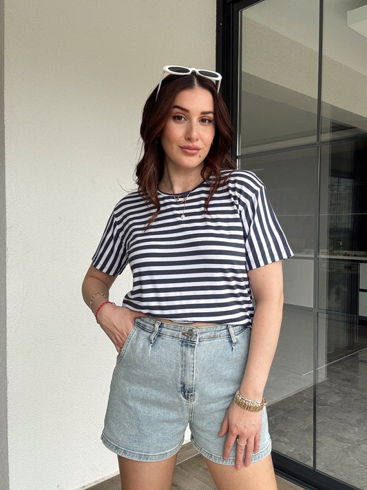 Çizgili Sıfır Yaka Kısa Kol Tişört - FÜME