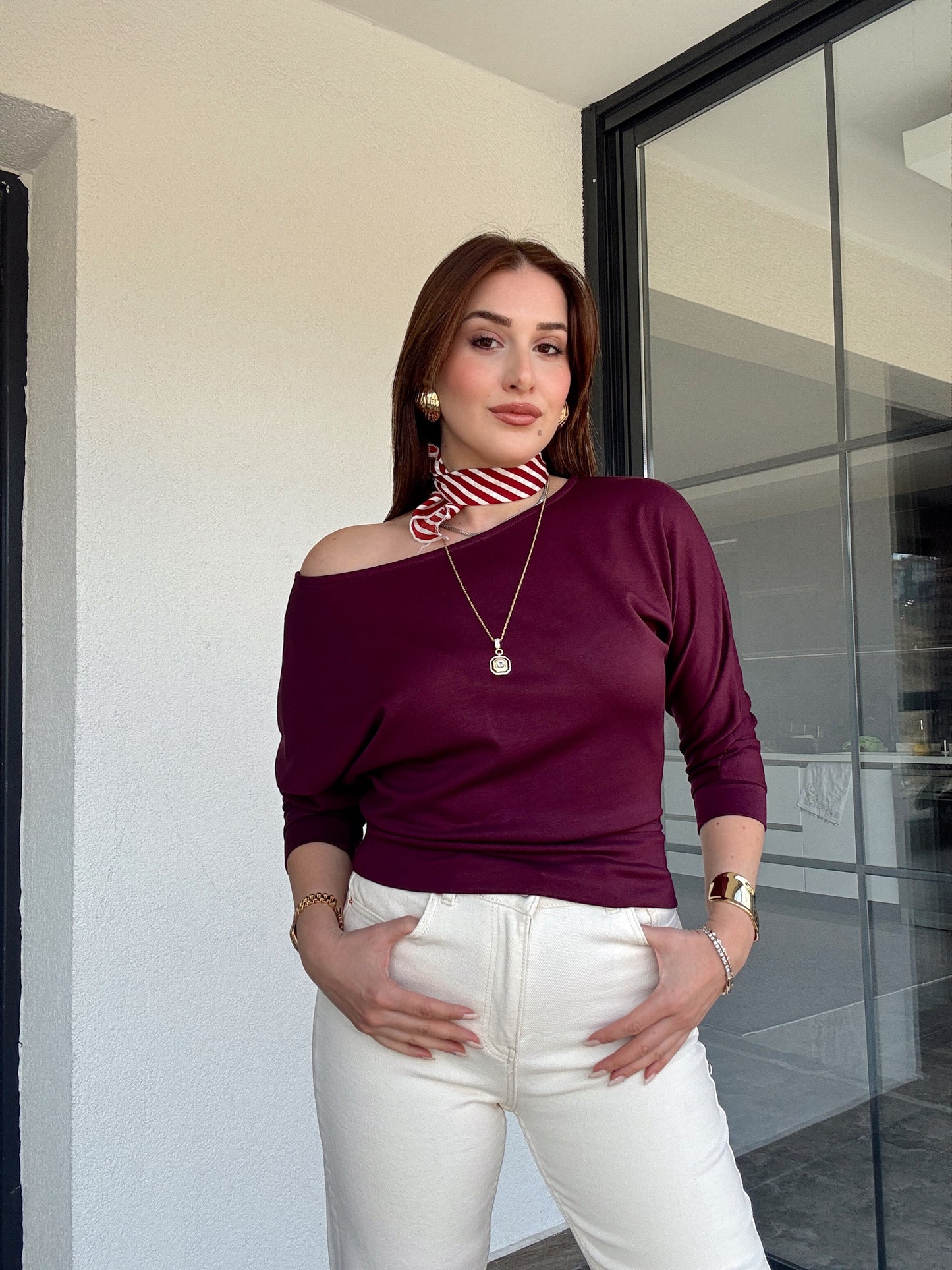 Kayık yaka modal bluz Bordo