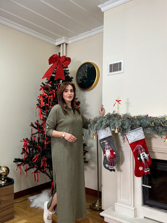 Polo yaka çift yıtmaç elbise-HAKİ