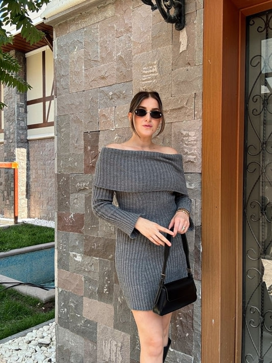 Kalın Fitil Madonna Yaka Elbise-FÜME