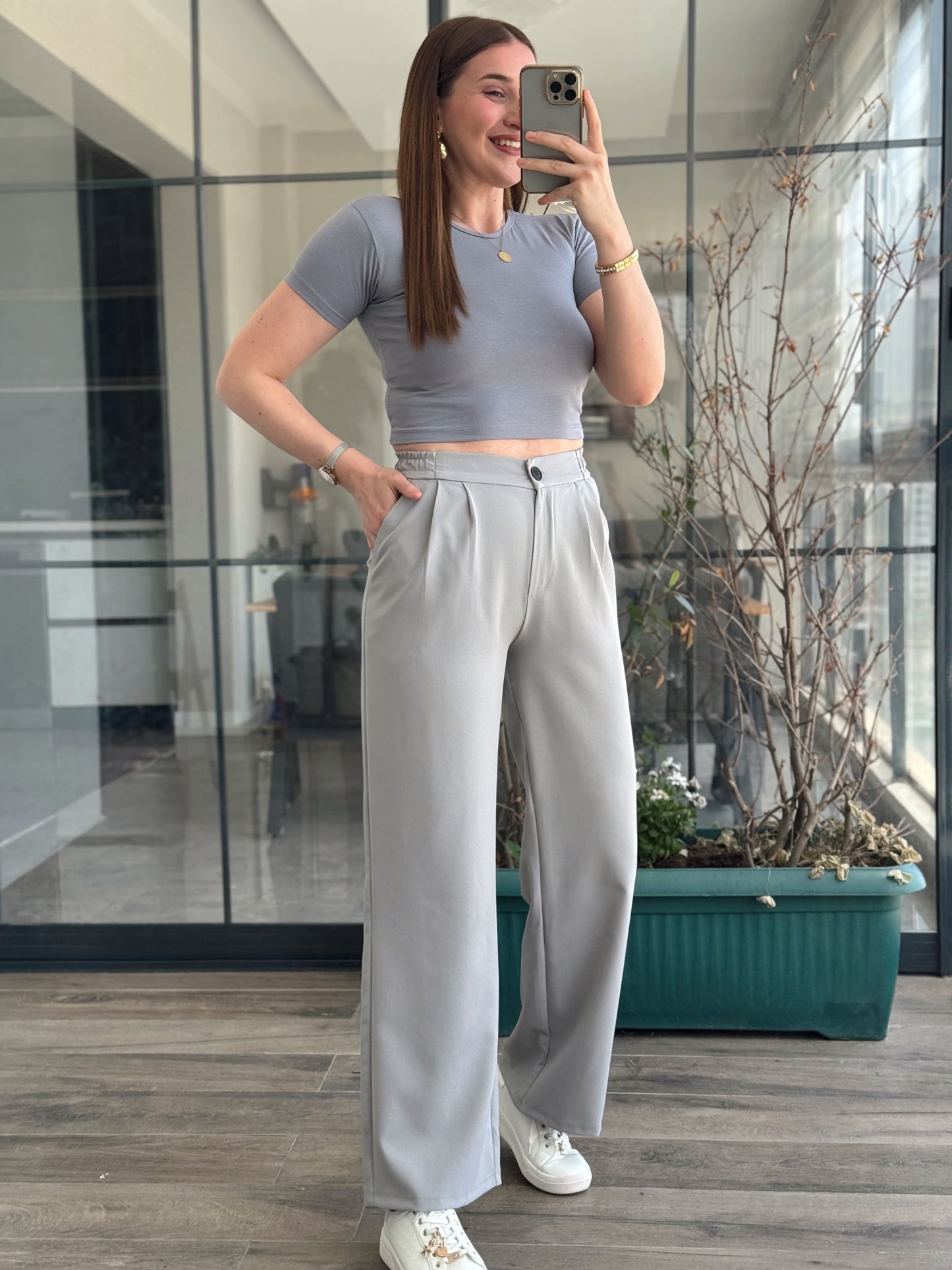 Pamuklu Crop Tişört - GRİ