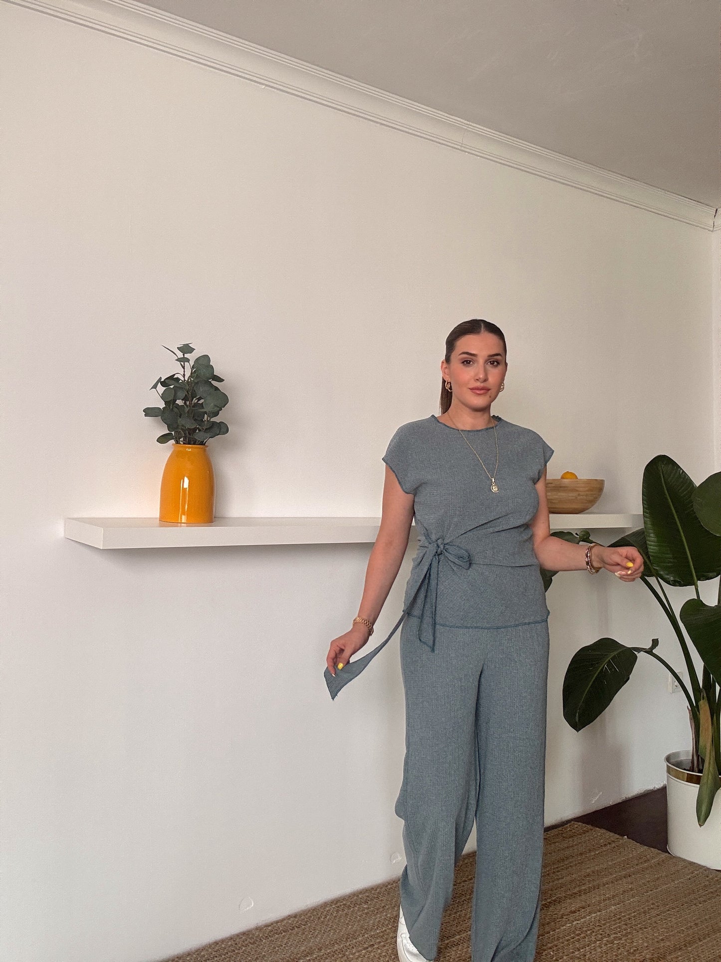 Bağlama detaylı bluz pantolon ikili takım PETROL MAVİSİ
