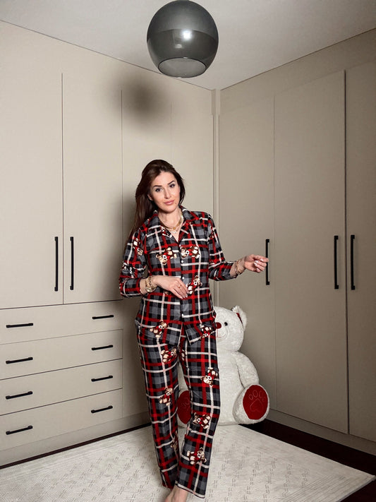 Polar KARELİ AYICIK desenli pijama takımı-KIRMIZI-GRİ