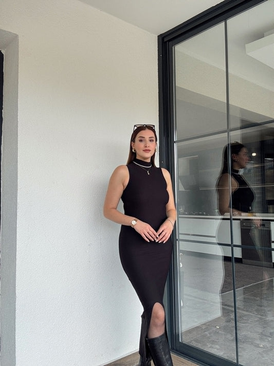 Balıkçı yaka kolsuz elbise-SİYAH